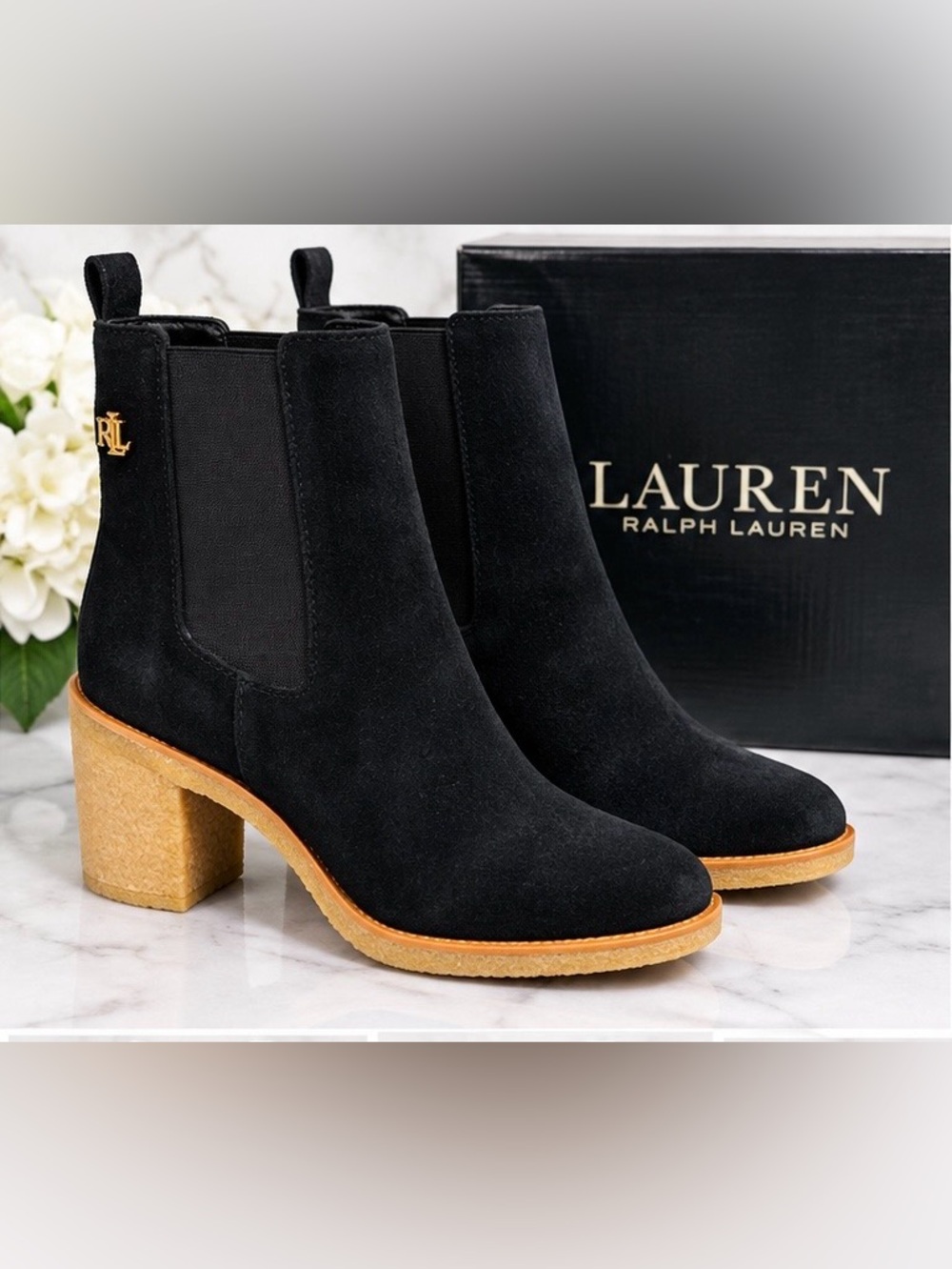 Ralph Lauren Black Suede Chelsea Ankle Boots with Tan Cork Heel